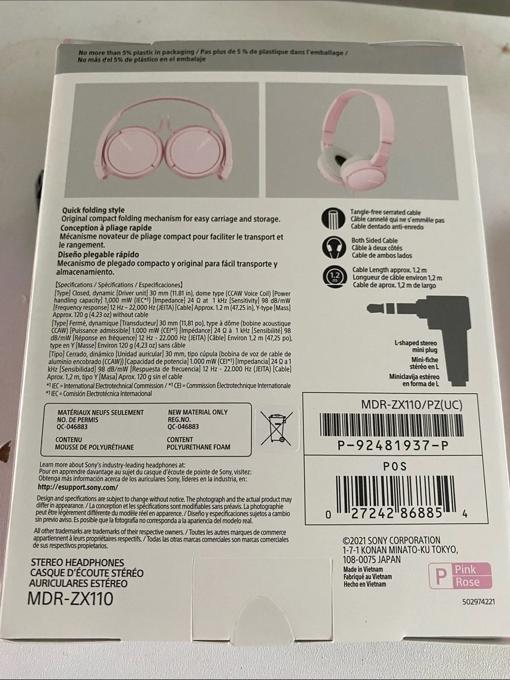 Sony Pink On-Ear Headphones MDR-ZX110